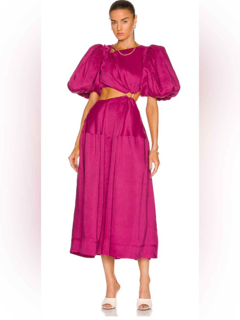 Aje Vanades Magenta Pink Cutout Puff-Sleeve Midi Dress with Gold Rings Size 4